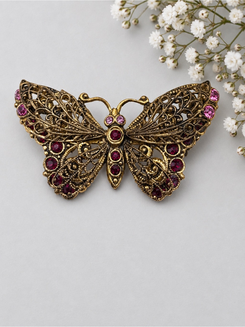 Vintage Filigree Butterfly Brooch Purple Rhinestone Antique Brass
